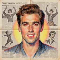 a handmade collage portrait painting with newspapers of a man from 1 9 7 0 s, red eyes, high detailed, retro style painting, retro pastel colored palette, grain and texture, dancing heads, illustration, oil pastel drawing, symetrical, in the middle, looking to camera, high shoulders, gradient lighting at the back, sharp teeth, red paint stains, extremely elegant drawing, looking straight, lens correction, sharp focus, 8 k