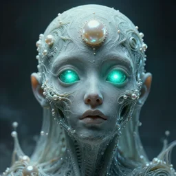 very detailed portrait of ghost with pearl sphere teal glowing eyes + melting face skin + 4 k hyper details render + by alex grey + fractal mundelbulb intricate design + dramatic lighting + cinematography photography