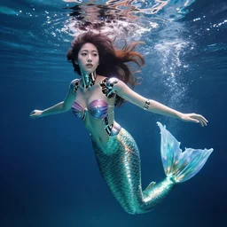 beautiful japanese biomecanic mermaid in emotional movement, underwater photography and light scattering, water refractions turned out impressive imho,