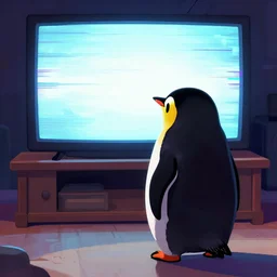 a fat penguin watching glitching tv