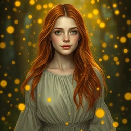 young woman, fit body, serene smile, surrounded by golden firefly lights amidst nature, fully covering dress, long red hair, precise linework, accurate green eyes, small nose with freckles, beautiful smooth oval shape face, empathic, expressive emotions, dramatic lights spiritual scene, hyper realistic ultrafine art by artemisia gentileschi, jessica rossier, boris vallejo