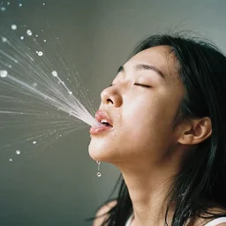 analog photographic portrait with 5 0 mm lens and f / 1 2. 0 of a 9 5. 0 1 years old woman woman with her eyes closed and spurting from her mouth a white viscous fluid floating in the air. with a slight variation of light in the liquid and gesture.