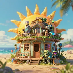 studio ghibli, summer beach cottage at sunsent, intricate artwork by tooth wu and wlop and beeple and dan mumford and greg rutkowski and nekroxiii. halo. octane render, cinematic, hyper realism, octane render, 8 k, depth of field, bokeh. iridescent accents. vibrant.