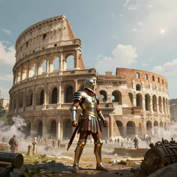 steampunk illustration of colosseum in rome, steampunk city in the background, armored gladiator in front of it, futuristic, lens flare in camera, matte painting, high detail, steam, dreamy, natural light, artstation