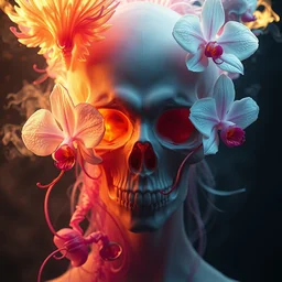 3 d photorealistic head shot portrait of the face of a beautiful princess mixed with a skull surrounded by a phoenix jellyfish through which a giant orchid grows. streams of fire, water and smoke levitate around, giant gladiola, highly detailed. octane render, excellent composition, by wlop, tooth wu, greg rutkowski, beeple