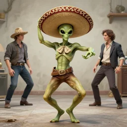 alien wearing a sombrero dancing by artgerm and greg rutkowski, very detailed, realistic