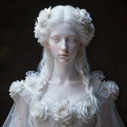 neoclassical art closed perfect portrait of a wonderful symmetrical albino goddess with wonderful eyes and dressed with a majestic semi transparent cotton roses dress, ornate, intricate, detailed, dramatic light, octane render