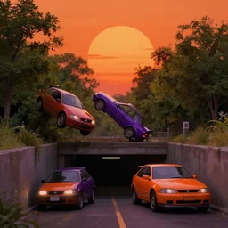 tornado of orange and purple cars coming from underground and falling on trees under dark orange sun,in style of realistic, Trending on artstation