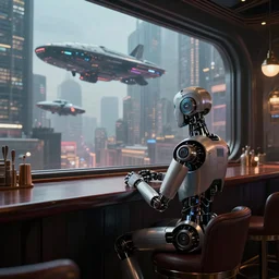 lonely barmen human - like robot sitting in the futuristic bar and looking in the huge window where he see enoughromous city on the spaceship and flying cars, 8 k, hyperrealistic, unreal engine, bladerunner style. cyberpank