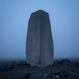 a giant concrete monolith in a rocky landscape, fog, blue hour