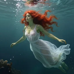 a female red hair wearing see through white long dress under the water, bubble, underwater caustic, olive skinned, sumerian, d & d, highly detailed, digital painting, artstation, concept art, sharp focus, illustration, cinematic lighting, art by artgerm and greg rutkowski and alphonse mucha