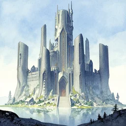 scaly futuristic fantasy castle in a mire. bande dessinee cover art, watercolor.