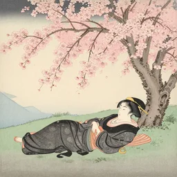 japanese edo period woodblock print of a girl laying underneath pink blossoming cherry trees in the background