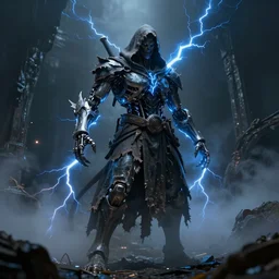 character and environment design, biomechanical arcanist, tattered!!! robe and hood, blue lightning, fog, scary, arrogant, hostile, photorealistic, cinematic, hyper realistic, octane render, 8 k, wide angle