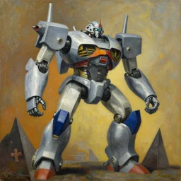 Dynamism of a giant robot by Simon Stålenhag and Umberto Boccioni, oil on canvas