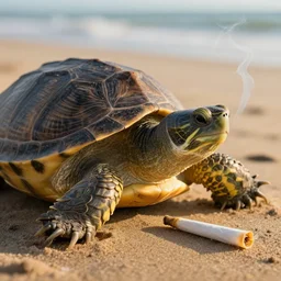 close-up photo of a stoned turtle sunbathing and smoking a joint at the beach, golden hour, Breathtaking, 8k resolution, extremely detailed, beautiful, establishing shot, artistic