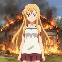 disaster girl yuuki asuna standing in front of burning house looking at viewer by croxot