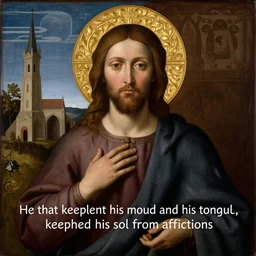 he that keepeth his mouth and his tongue, keepeth his soul from afflictions.. portrait, christian art, masterpiece. in a combination of styles of chesley bonestell and hieronymus bosch.