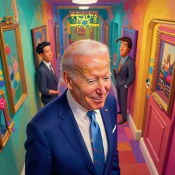portrait of joe biden down the hall, smiling down from above turned away, artstation winner by victo ngai, kilian eng and by jake parker vibrant colors, winning - award masterpiece, fantastically gaudy, aesthetic octane render, 8 k hd resolution
