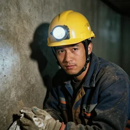 A man, working clothes, yellow helmet, headlight, face, dirty Concrete wall, dust, trash ; basement , night; 90's professional color photograph, close up, view from front.