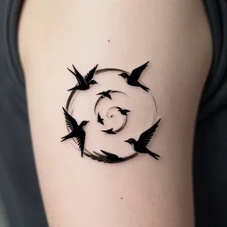 a simple tattoo design of birds flying in a 3 spiral, black ink, logo