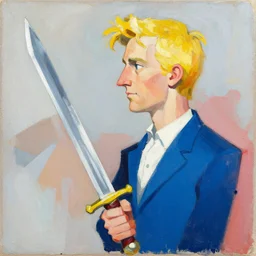 greg manchess portrait painting of a blond man in a blue suit with a big sword, asymmetrical, profile picture, organic painting, sunny day, matte painting, bold shapes, hard edges, street art, trending on artstation, by huang guangjian, gil elvgren, ruan jia, randy vargas, greg rutkowski