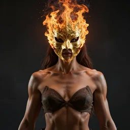 a woman wearing golden mask, hair like fire, muscular, in dark soul