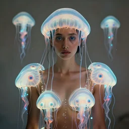 a medium shot of a brown woman wearing a luminous armor made of neon jelly fishes. jellyfish eyes. soft lighting. fragile. haunting eyes!! coherent face!! no makeup!! muted colors. by ray caesar. by louise dahl - wolfe. by andrea kowch. surreal photography