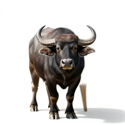 tiny buffalo, photorealistic wildlife photography, full body, isolated on a pure white background, centered, entire subject in frame, sharp focus, soft studio lighting