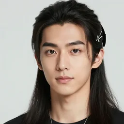 modern japanese person in his 20's, long black hair, hair ties, barrettes ponytails, handsome, symmetrical face, cute expression, korean, detailed photorealistic artwork, by Ruan Jia and Gil Elvgren, portrait