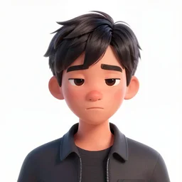 a painting of a handsome sad Asian guy, in the style of DreamWorks animation, low angle view, 16mm lens, award winning, mid-shot, hyper detailed, dramatic lighting, artstation, octane renderer, unreal engine