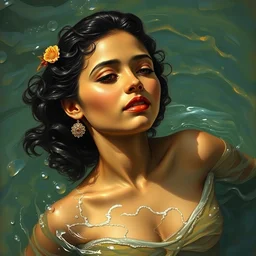 detailed potrait of pretty srilankan woman coming out of water, girl graceful,, painting by james jean, craig mullins, j. c. leyendecker, lights, art by ernst haeckel, john william godward, hammershøi,,