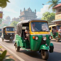an auto rickshaw driving through bombay, an epic fantasy, wide shot, trending on artstation, masterpiece, by greg rutkowski, by ross tran, by fenghua zhong, octane, soft render, ultrarealistic, detailed, depth of field, crisp details, photorealism, colorful, cinematic, horizon forbidden west