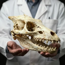 scientist hands holding the fossilized remains of a dragon skull. zbrush, extremely detailed