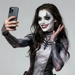 female Camila Mendes as Death from Sandman DC comics taking a selfie, fun smile, pale face with symbol under left eye:: realistic character concept, medium shot, fun pose:: comic book, illustration, slender symmetrical face and body, artstation, cinematic lighting, hyperdetailed, cgsociety, 8k, high resolution:: Charlie Bowater, Tom Bagshaw:: single face, insanely detailed and intricate, beautiful, vfx, postprocessing