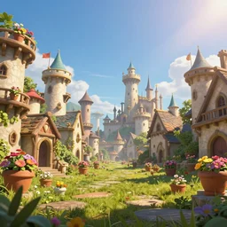 an illustration of medieval fantasy town with many cute flower pots and beautiful blue sky scenery, cinematic view, epic sky, detailed, concept art, low angle, high detail, warm lighting, volumetric, godrays, vivid, beautiful, trending on artstation, by jordan grimmer, huge scene, grass, art greg rutkowski