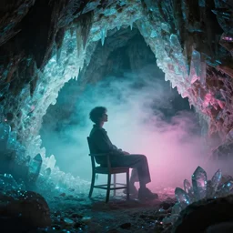 man on chair, cave with crystals, glitter, volumetric light, foggy, smokey, moody, kodak photography, cyan and pink light