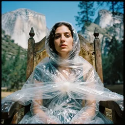 a color photograph, closeup portrait of a woman wrapped in plastic, sitting on a throne, in yosemite national park in california, color photograph, by vincent desiderio, canon eos c 3 0 0, ƒ 1. 8, 3 5 mm, 8 k, medium - format print