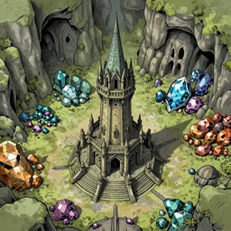 Aerial view of a wizard tower surrounded by different kinds of gem mines and ominous caves, lineart, colored