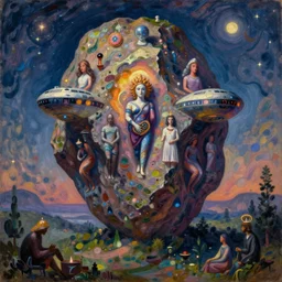 study of the psychedelics dream bot mothership over the sublime sacred rock. painting by monet, bosch, wayne barlowe, agnes pelton, rene magritte