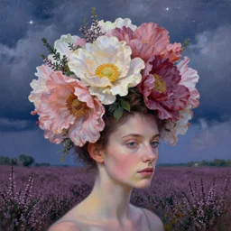 closeup, gigantic flowers as head mohawk, woman in heather field, surreal photography, starlight, storm clouds, impressionist painting, digital painting, artstation, simon stalenhag