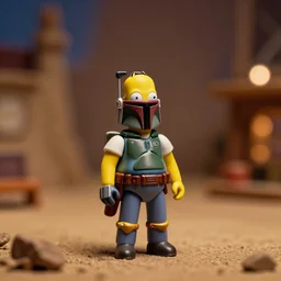 miniature of boba fett as homer simpson in mos eisley, cinestill 8 0 0 t, 8 5 mm f / 1. 8, bokeh, cinematic