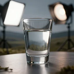 a closeup view of a water glass on the table, unreal 5, hyperrealistic, realistic, photorealistic, dynamic lighting, highly detailed, cinematic landscape, studio landscape, studio lighting
