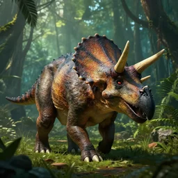 triceratops walking through a jungle, atmosperic, dramatic lighting, trending on artstation, ark survival evolved