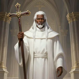 a highly detailed illustration of white haired african priest wearing white robe, wielding bloody cross, gothic church background, intricate, elegant, highly detailed, centered, digital painting, artstation, concept art, smooth, sharp focus, league of legends concept art, wlop