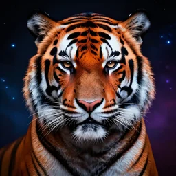 movie poster of a tiger wearing abstract makeup art, universe background, chiaroscuro, dramatic lighting, high resolution