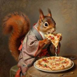 a painting of a squirrel in kimono eating pizza in baroque style