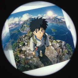 overhead fisheye view polaroid film still portrait of a 1 9 5 0's adventurer atop a big mountain, finely detailed features, perfect art, water, sun, gapmoe yandere grimdark, trending on pixiv fanbox, painted by greg rutkowski makoto shinkai takashi takeuchi studio ghibli, akihiko yoshida,
