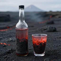 a bottle and a glass of lava