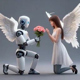 a robot holds flowers and kneels to an angel to propose marriage, unreal engine, octane render, 8 k by james jean, ayami kojima, justin gerard, craig mullins